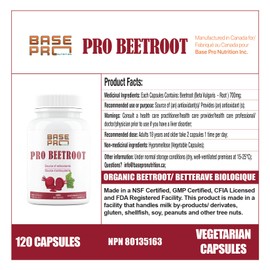 PRO Beetroot - 120 count | Organic Beetroot | Base Pro Nutrition | 120 Vegetarin Capsules | Organic Beetroot 1400mg per SERVING (700mg X 2 capsules) | Betterave Biologique | MADE IN CANADA | NEW