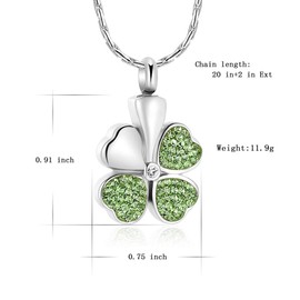 constantlife Cremation Jewelry Memorial Urn Necklace for Ashes Lucky Four-Leaf Clover Design Stainless Steel Pendant Keepsake (Silver+Light Green)