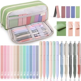 COZCLAM 32pcs School Supplies Aesthetic with Green Pencil Case, 12 Pastel Highlighters, 5 Black Gel Pens, 6 Colour Pencils, 5 Bookmarks and Sticky Notes, Aesthetic School Stuff Clean Girl School