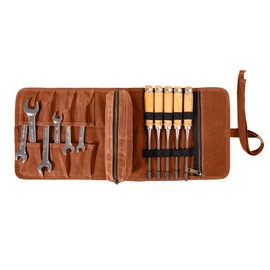 Chisel Roll,Tool roll up bag,Waxed Canvas Roll Up Tool Bag,Heavt Duty Tool Organizer Portable Tool Storage Bags,with 1 Small Detachable Tool pouch and 1 Zipper Pockets, Store Chisel, Wrench (Brown)