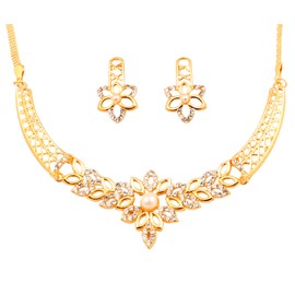 Touchstone Indian bollywood cut work Austrian crystals/faux pearls jewelry necklace in gold tone for women