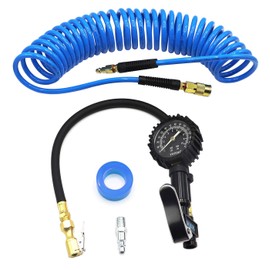 YOTOO Recoil Air Hose Kit with Tire Inflator Gauge, 1/4" Industrial Quick Coupler and Plug for tire infaltion and air Tools