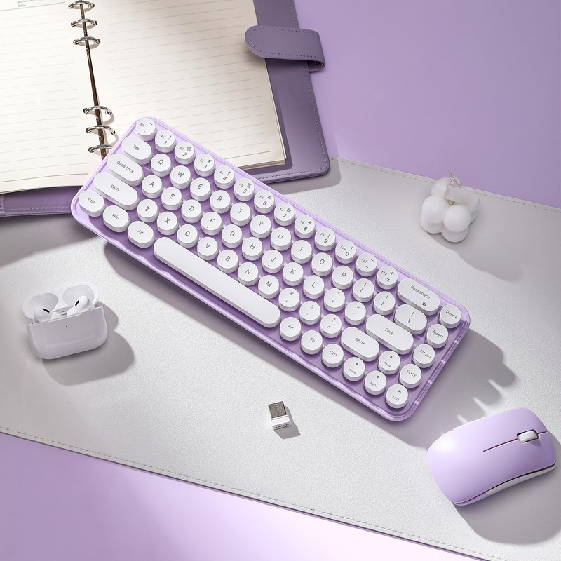 MIKIBY i68 Wireless Typewriter Keyboard and Mouse Combo,Purple Keyboard with