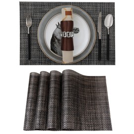 Createshao PVC Vinyl Woven Placemat,Heat-Resistant Woven Black Gold Simple Placemat,Non-Slip Anti-Fouling Kitchen Table Placemat(C- Golden Black,4 Pcs)