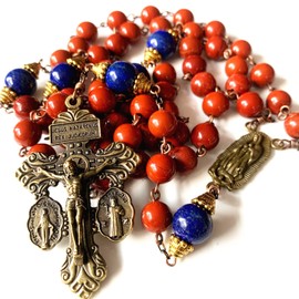 elegantmedical HANDMADE Catholic Red Carnelian Lapis lazuli beads Vintage Rosary Necklace Cross crucifix, 24"(62cm), Metal, Agate