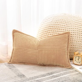 OTOSTAR Striped Corduroy Throw Pillow Covers with Splicing Super Soft Boho Pillow Covers Broadside Decorative Textured Throw Pillows for Couch Sofa Bed Living Room 12x20 Inch, Khaki