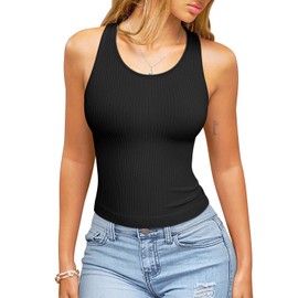 OQQ Womens Tank Tops with Medium Support Removeable Bra Crew Neck Stretch Casusal Crop Camis Black