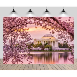 CHNYWORK 7ftx5ft USA Jefferson Memorial Background Washington, D.C. Spring Cherry Blossom Season Scenery Backdrop for America Landmark Travel Party Decor Photo Booth Studios Props Wallpaper