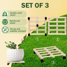 ZOES HOMEWARE 3 Pack Plant Stand with Wheels, 12" Wooden Square Rolling Plant Caddy with Wheels, 100 Lbs Heavy Duty Plant Rollers for Indoor & Outdoor Use