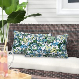 Paquete de 2 almohadas rectangulares impermeables para exteriores con inserto, almohadas decorativas para el hogar, para todo tipo de clima, para patio, jardín, coche, oficina (12 x 20 pulgadas, botánico azul verde)