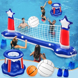 116" Large Inflatable Pool Volleyball Net & Basketball Hoop with 2 Beach Balls American Flag Pool Toys Games for Adults Kids Pool Floating Party Supplies(116" x46" x30") Hoop(31" x24")