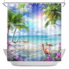 DePhoto Beach Shower Curtain Pink Flamingos Green Palm Trees Blue
