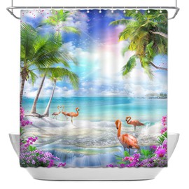 DePhoto Beach Shower Curtain Pink Flamingos Green Palm Trees Blue Ocean Tropcial Coastal Landscape Fabric Bathroom Curtains Bathtub Decoration 72x72 Inch