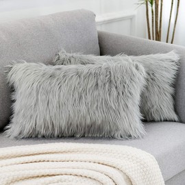 WLNUI Set of 2 Lumbar Light Grey Decorative Pillow Covers New Luxury Series Merino Style Faux Fur Fluffy Throw Pillow Covers Fuzzy Cushion Case 12x20 Inch