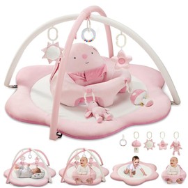 3-in-1 Baby Play Mat, Baby Seats for Infants for Sitting Up, Tummy Time Mat with 5 Detachable Toys, Baby Activity Gym & Playmats for Babies 0-6 6-12 Months, Newborn Baby Shower Gifts