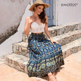 EMOTTOS Women's Bohemian Maxi Skirt, Renaissance A-Line Long Skirts Elasticated Waist, High Waisted Pleated Swing Boho Skirts Gypsy Ethnic Style for Summer Spring Vacation Going Out, Blue XL