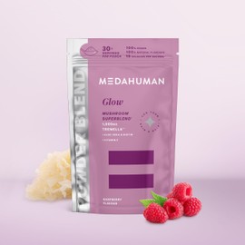 MEDAHUMAN MEDAHUMAN? Glow | Tremella Mushroom Powder (30 Servings) | Adaptogen Superblend Mushroom Supplement with Biotin, Vitamin E and Aloe Vera to Promote Glowy Skin & Boost Collagen | Raspberry Flavour