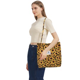 TeeYee Women's Handbag Corduroy Shopper Cord Tote Bag for Books Travel Everyday School Work Shopping Bag for Girls Sunflower