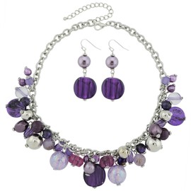 Coiris Beaded Statement Necklace with Earrings Purple Beads Choker Collar (N0002-purple)