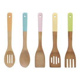 Premier Housewares 0805460 Kitchen Utensil Set, Pastel Handles 5 Piece, Bamboo, Multi/Coloured