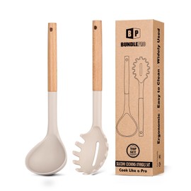 Silicone Pasta Fork and Ladle Spoon Set with Wooden Handle, Heat Resistant Non Stick Kitchen Utensils for Cooking, Stirring, Serving Spaghetti, Soup, Sauce(KHAKI)