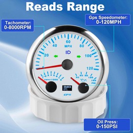 WATERWICH 3-in-1 Car Marine Meter 85mm Speedometer 120MPH + Tachometer 8000 RPM + Oil Pressure Gauge 150 PSI 7 Color for Truck Vehicle Marine Tractor Boat Triple Gauge Kit