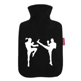 Huuraa Wärmflasche Kickboxen Silhouette Geschenk 1,8 Liter Black Classic Veloursbezug Kickboxen Präsent