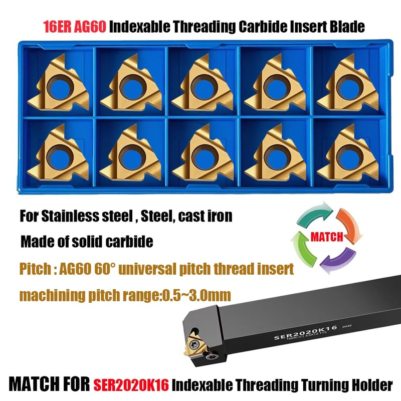 10PCS 16ER AG60 CNC Lathe Indexable Threading Carbide Turning Insert