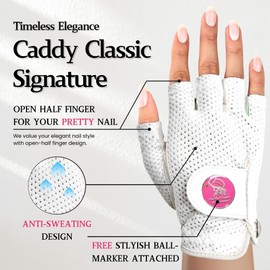 Caddy Classic Ladies Golf Glove Women | Half Finger Mesh Design for High Breathability | Premium Leather Construction for Comfortable Fit | Includes Stylish Magnetic Ball Marker
