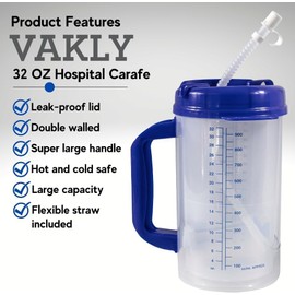Vakly Hospital Carafe Insulated Double-Walled Water Tracking Thermos – 32 oz capacity Hot and Cold Refillable Water Bottle – With Flexible Straw and Pouring/Sipping Spout (4)