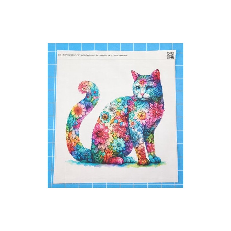 Fabric Panel 8"x8" Floral Cat 100% Cotton Quilting Sewing Block