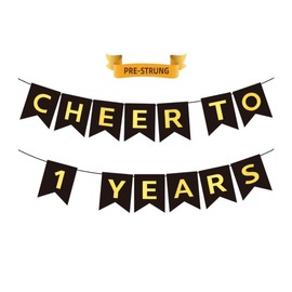 CHEERS TO 1 YEARS Banner, Pre-Strung, Black Gold 1st Birthday and Anniversary Party Decorations, Happy 1st Birthday Banner, One Anniversary Party Banner, 1 Year Old Blessed & Loved Banner