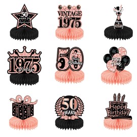 9 Pcs 50th Happy Birthday Centerpieces Rose Black Gold Birthday Honeycomb Table Centerpieces Cheers to 50th Honeycomb Table Topper for Men Women 1975 Birthday Party Decoration Supplies (50th)