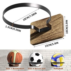Daoun Basketball Holder Wall Mount with Wooden Base, 2 Pcs Ball Storage Holder for Football Basketball Soccer Rugby Display Rack - Boys Sports Accessories Organizer