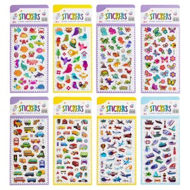 SHANGRLA Assorted Puffy Sticker Sheets for Kids Toddlers - Bulk Bubble 3D Stickers with Cars Airplane Vehicle Truck Dinosaur Butterfly Fish for Boys Girls, Teacher Classroom Rewards, 12 Pack.
