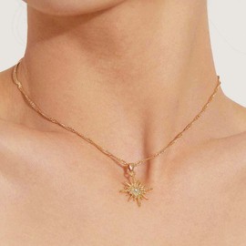 TseenYi North Star Pendant Necklace Boho Starburst Pendant Choker Necklace Gold Mini CZ Star Necklace Vintage Star Dangle Necklace Chain Jewelry for Women and Girls