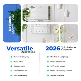 2026 Wall Calendar Memo Board Month to View Spiral Bound Hanging Planner Family Organiser with wire on, wipe-off pen for Home Office Kitchen (Random Design)