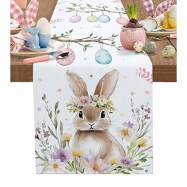 Spring Easter Bunny Table Runner 13x72inch Egg Flowers Waterproof Table Cloth Holiday Kitchen Dining Table Decorations for Indoor Outdoor Home Party Coffee