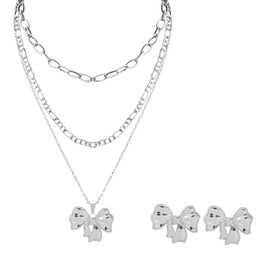 FDEETY Women's Bow Jewellery Set Alloy Jewellery 2 Pieces Bow Necklace Bow Ring Hypoallergenic Ring and Necklace Fashion Jewellery Sets Girls Gift for Dating, Metal, No Gemstone
