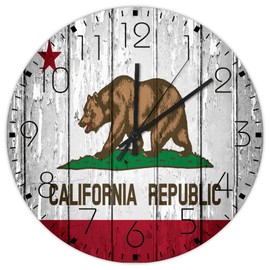 10 Inch Silent Non-Ticking Wall Clocks Battery Operated California Home Decoration for Living Room US History Classroom State Flag Rustic Round Wooden Wall Clock Country for Art Room New Home