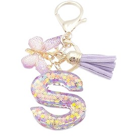 [Sqzrpomddy] Women Keychain Initial Charm Bag Charm Alphabet Purple Hanging Ornament, Purple S