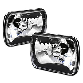 TLAPS 7422448426434 Universal Compatible With H6052 H6054 H6014 Black Housing 7" x 6" Diamond Cut Sealed Beam Halogen Headlights H4 Conversion
