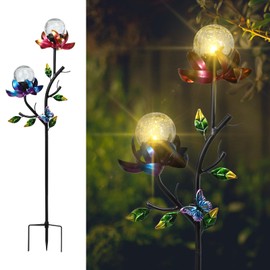 VCUTEKA Solar Garden Light Solar Flowers Light with LED Crackle Glass Globe Solar Lights Outdoor Metal Garden Stake Wind Spinner for Garden Decoration, Patio Decor, Yard Decor and Gift for Mother