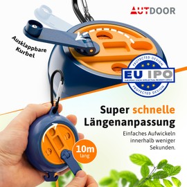AUTDOOR® Extendable Washing Line with Fold-Out Hand Crank for Effortless Rolling, Robust 10 m Travel Washing Line for Camping, Motorhome & Balcony (Blue)