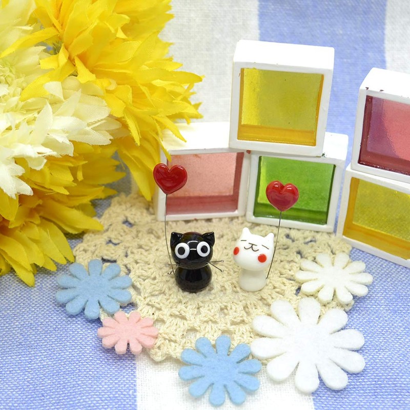 かわいい 猫 手作り ガラス細工 ハート黒ねこ CYK729