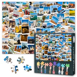 ‌Jigsaw Puzzle for Adults 1000 Piece Vintage European Postcard Collection Featuring Polaroid-Style Landmarks from Paris Cafes to Santorini Sunsets 27.5x19.7 Inch