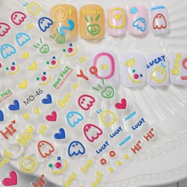 Dedyel Cute Face Nail Stickers 5D Embossed Simple Graffiti Self-Adhesive Stickers for Nail Art Decoration for Men Women Couples