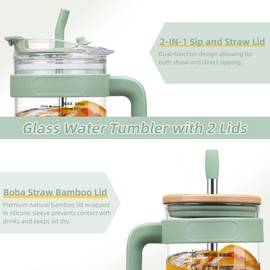 chunmo 40 oz Glass Tumbler with 2 Lids-Bamboo Straw Lid & 2-in-1 Sip and Flip Straw Lid,Iced Coffee Cup with Handle, Glass Water Bottles with Silicone Sleeve,Glass Cup with Straws, BPA Free-1 Pack