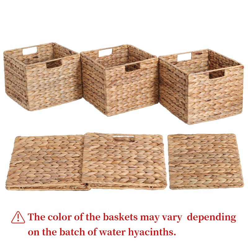 12x12x10in Water Hyacinth Storage Basket Large, Folding Cube Woven Wicker