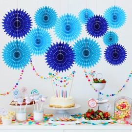 BestoFun 12PCS Paper Fans Blue Party Decorations Tissue Paper Flowers Decorations for Girl Groovy Birthday Baby Shower Wedding Bachelorette Room Wall Hanging Décor